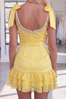 Load image into Gallery viewer, White Sparkly Thick Straps Short Ruffled Homecoming Dress with Beading