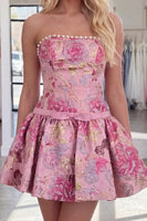 Load image into Gallery viewer, Pink Floral Strapless Short Homecoming Dress with Pearls