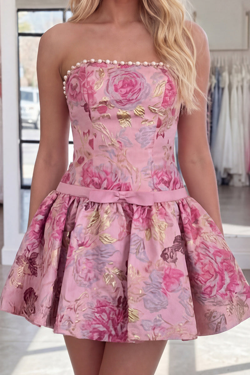 Load image into Gallery viewer, Pink Floral Strapless Short Homecoming Dress with Pearls