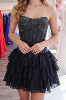 Load image into Gallery viewer, Black Corset Sparkly Tiered Short Ruffled Homecoming Dress with Bow