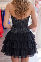 Load image into Gallery viewer, Black Corset Sparkly Tiered Short Ruffled Homecoming Dress with Bow