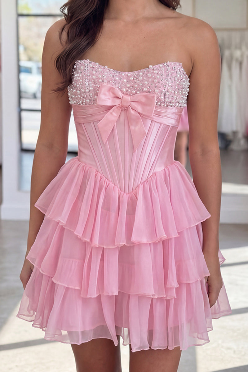 Load image into Gallery viewer, Pink Corset Strapless Tiered Short Ruffled Homecoming Dress with Pearls