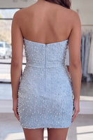 Load image into Gallery viewer, Light Blue Sweetheart Short Tight Homecoming Dress with Pealrs