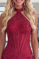 Load image into Gallery viewer, Sparkly Burgundy Halter Beaded Short Corset Tight Homecoming Dress