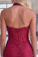 Load image into Gallery viewer, Sparkly Burgundy Halter Beaded Short Corset Tight Homecoming Dress