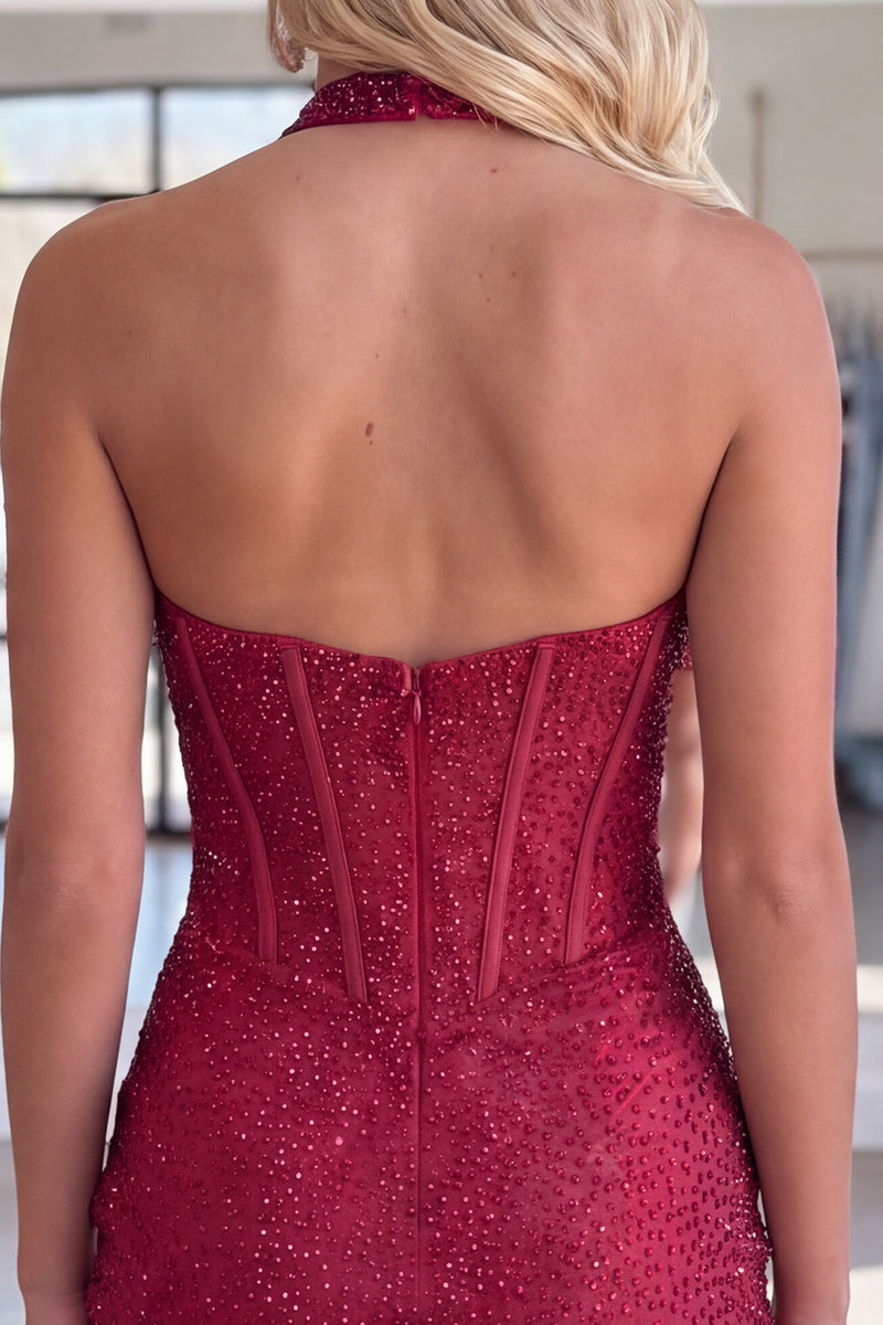 Load image into Gallery viewer, Sparkly Burgundy Halter Beaded Short Corset Tight Homecoming Dress