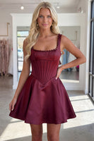 Load image into Gallery viewer, Burgundy Sparkly Short Corset A Line Homecoming Dress with Pearls