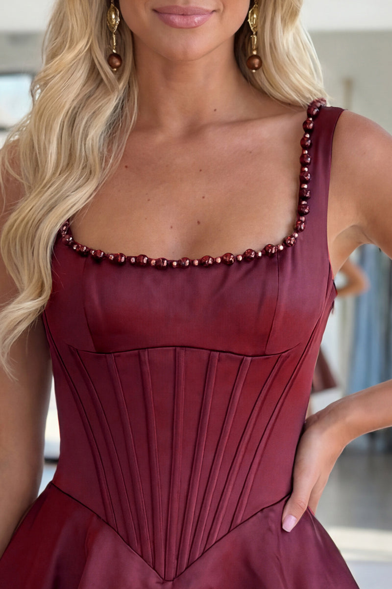 Load image into Gallery viewer, Burgundy Sparkly Short Corset A Line Homecoming Dress with Pearls