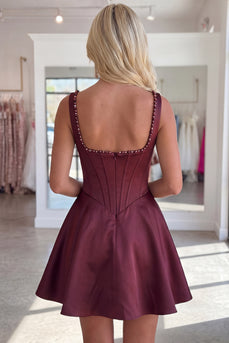 Burgundy Sparkly Short Corset A Line Homecoming Dress with Pearls