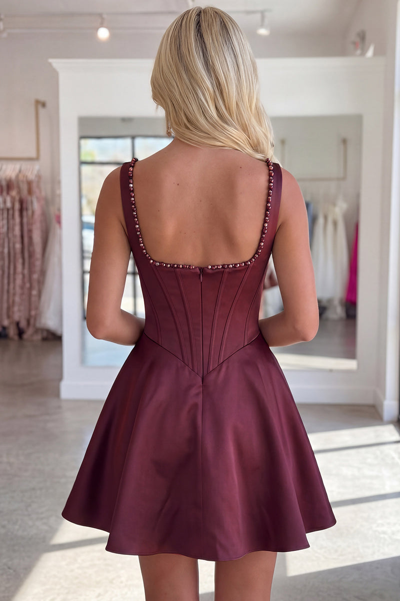 Load image into Gallery viewer, Burgundy Sparkly Short Corset A Line Homecoming Dress with Pearls