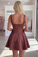 Load image into Gallery viewer, Burgundy Sparkly Short Corset A Line Homecoming Dress with Pearls