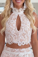 Load image into Gallery viewer, White 2 Piece Lace High Neck Tight Short Homecoming Dress with Bow