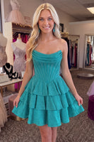 Load image into Gallery viewer, Sparkly Beaded Green Corset Strapless Short A Line Ruffled Homecoming Dress