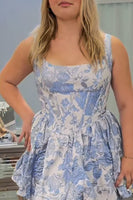 Load image into Gallery viewer, Blue Floral Corset Jacquard Short Homecoming Dress