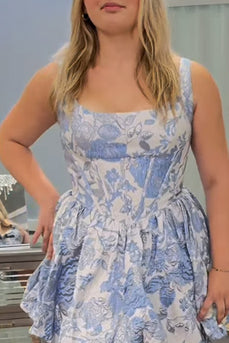 Blue Floral Corset Jacquard Short Homecoming Dress