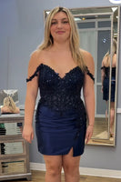 Load image into Gallery viewer, Navy Sparkly Appliqued Short Homecoming Dress with Slit