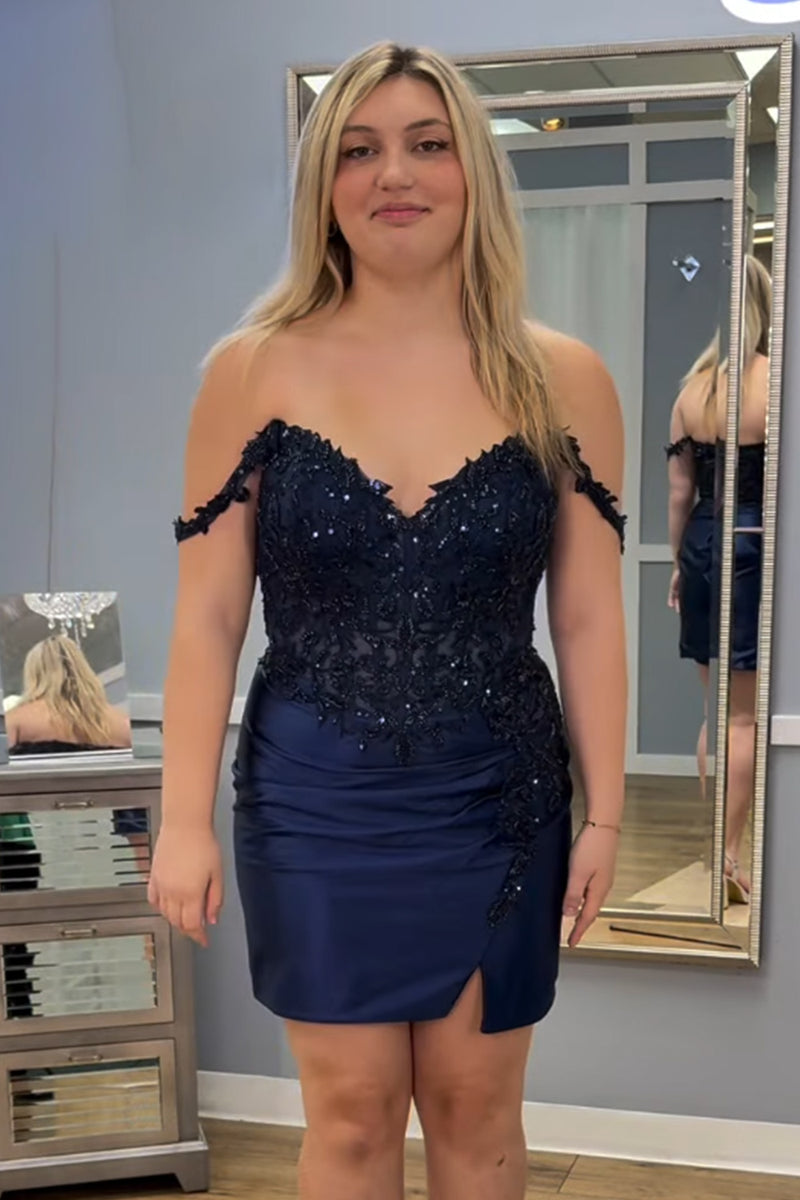 Load image into Gallery viewer, Navy Sparkly Appliqued Short Homecoming Dress with Slit