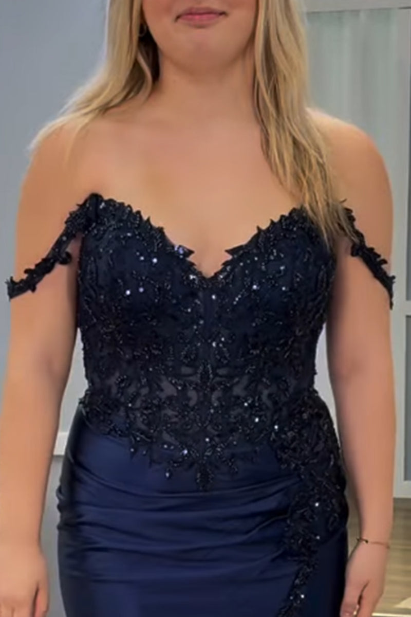 Load image into Gallery viewer, Navy Sparkly Appliqued Short Homecoming Dress with Slit