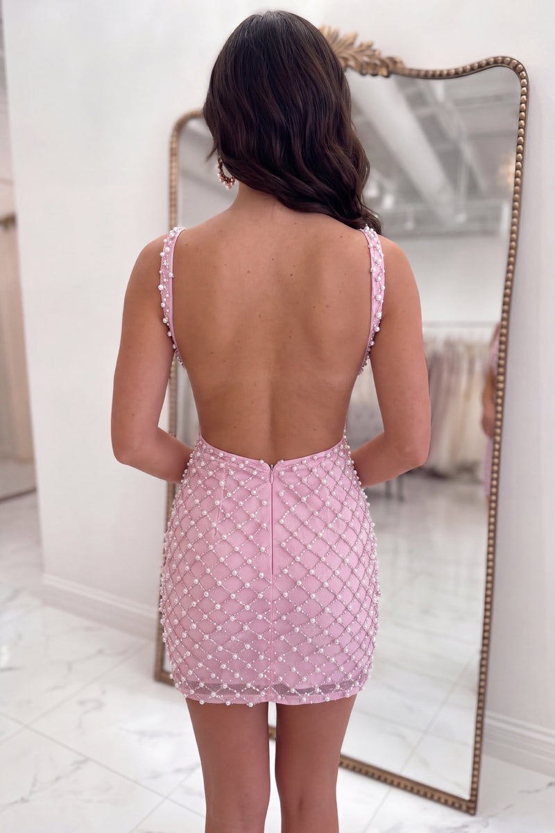 Load image into Gallery viewer, Sparkly Pink Tight Short Cut Out Homecoming Dress with Pearls