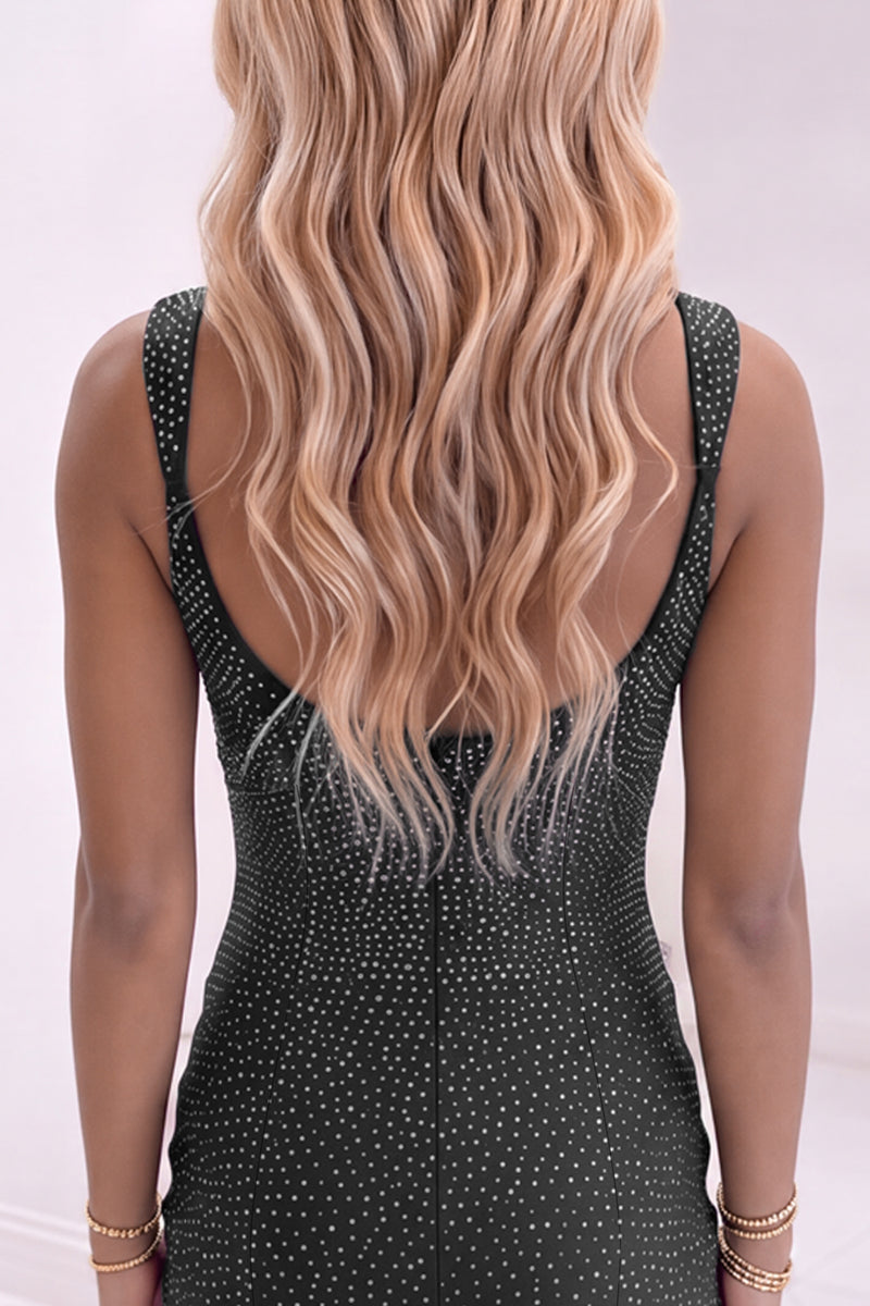 Load image into Gallery viewer, Black Beaded Square Neck Sparkly Tight Short Homecoming Dress with Slit