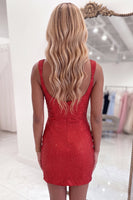 Load image into Gallery viewer, Black Beaded Square Neck Sparkly Tight Short Homecoming Dress with Slit