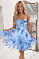 Load image into Gallery viewer, Blue A-Line Strapless Corset Floral Ruffled Short Homecoming Dress