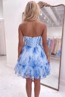 Load image into Gallery viewer, Blue A-Line Strapless Corset Floral Ruffled Short Homecoming Dress