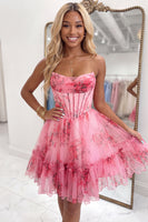 Load image into Gallery viewer, Blue A-Line Strapless Corset Floral Ruffled Short Homecoming Dress