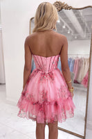 Load image into Gallery viewer, Blue A-Line Strapless Corset Floral Ruffled Short Homecoming Dress