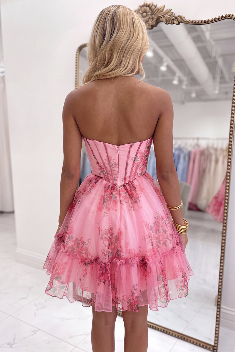 Load image into Gallery viewer, Blue A-Line Strapless Corset Floral Ruffled Short Homecoming Dress