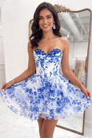 Load image into Gallery viewer, Floral Blue A-Line Corset Ruffled Short Sweetheart Homecoming Dress
