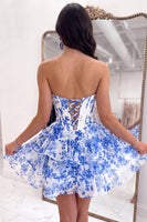 Load image into Gallery viewer, Floral Blue A-Line Corset Ruffled Short Sweetheart Homecoming Dress