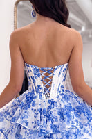 Load image into Gallery viewer, Floral Blue A-Line Corset Ruffled Short Sweetheart Homecoming Dress