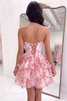 Load image into Gallery viewer, Floral Blue A-Line Corset Ruffled Short Sweetheart Homecoming Dress