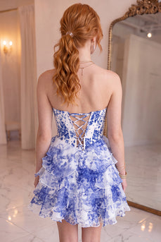 Blue Floral Corset Ruffled Short A-Line Homecoming Dress