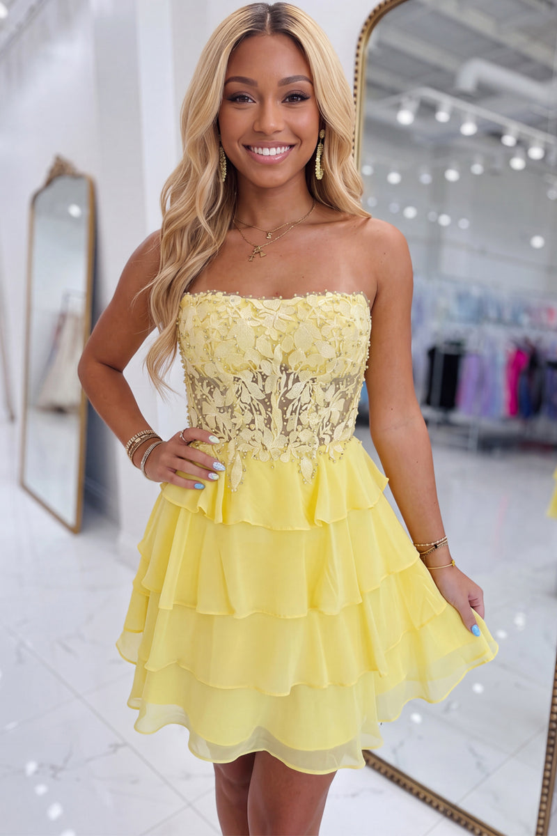 Load image into Gallery viewer, Yellow Floral A-Line Short Ruffled Homecoming Dress with Lace