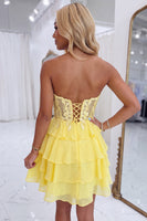 Load image into Gallery viewer, Yellow Floral A-Line Short Ruffled Homecoming Dress with Lace