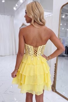 Yellow Floral A-Line Short Ruffled Homecoming Dress with Lace