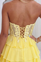 Load image into Gallery viewer, Yellow Floral A-Line Short Ruffled Homecoming Dress with Lace