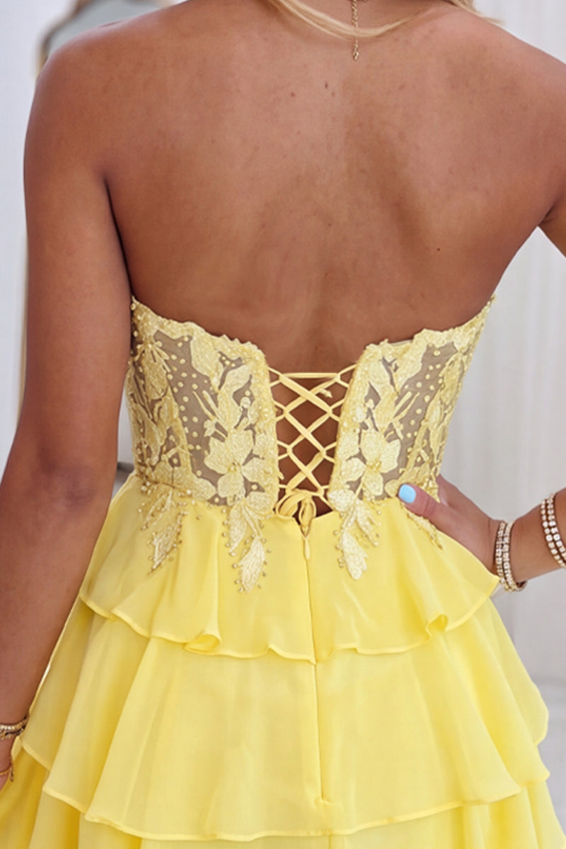 Load image into Gallery viewer, Yellow Floral A-Line Short Ruffled Homecoming Dress with Lace