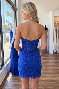 Royal Blue Corset Strapless Bodycon Short Lace Homecoming Dress