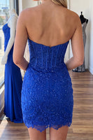 Load image into Gallery viewer, Royal Blue Corset Strapless Bodycon Short Lace Homecoming Dress