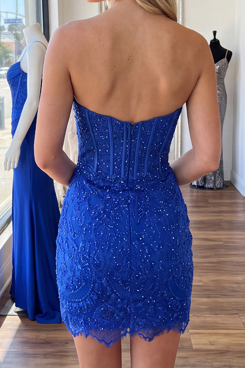 Load image into Gallery viewer, Royal Blue Corset Strapless Bodycon Short Lace Homecoming Dress