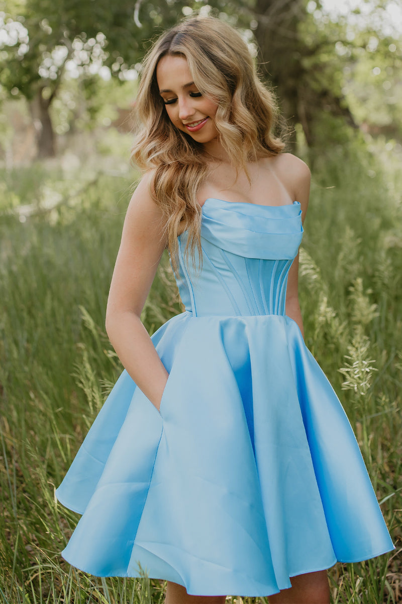 Load image into Gallery viewer, Light Blue Corset Strapless Short Homecoming Dress with Pockets