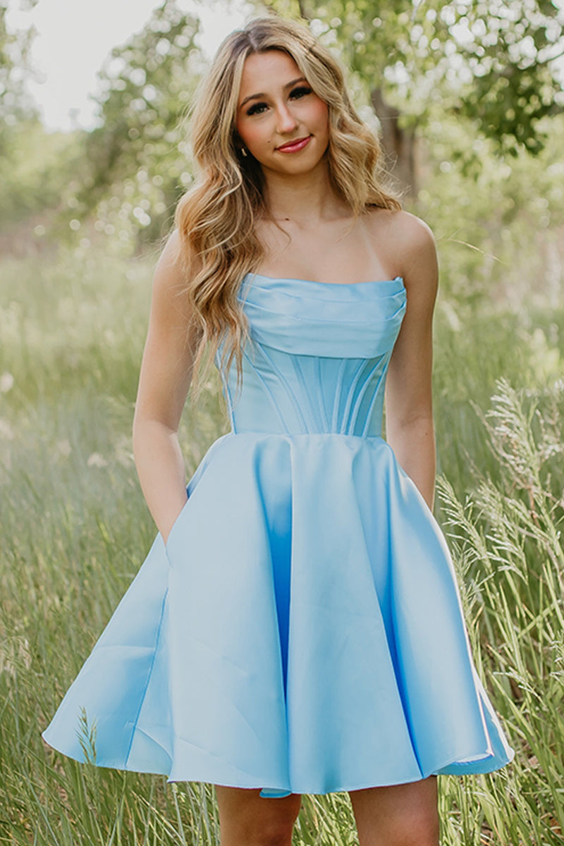 Load image into Gallery viewer, Light Blue Corset Strapless Short Homecoming Dress with Pockets