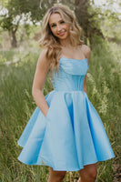 Load image into Gallery viewer, Light Blue Corset Strapless Short Homecoming Dress with Pockets