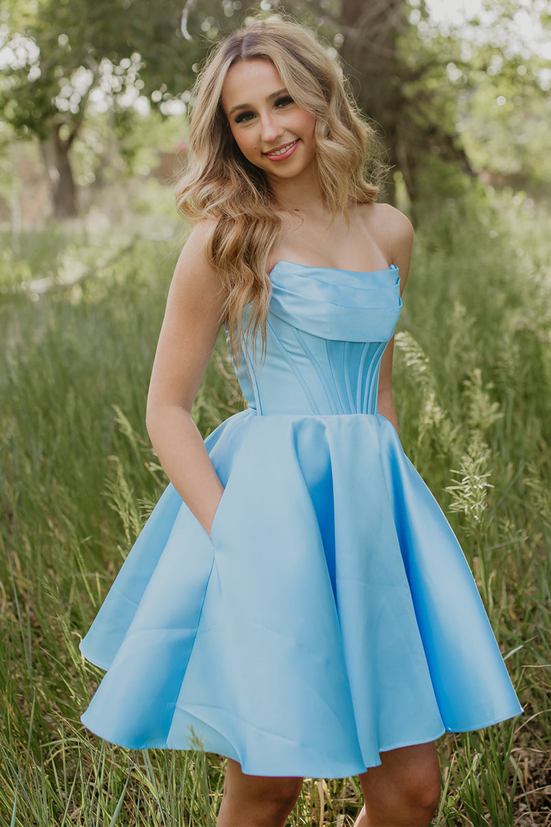 Load image into Gallery viewer, Light Blue Corset Strapless Short Homecoming Dress with Pockets