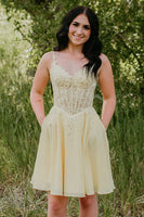 Load image into Gallery viewer, Yellow Corset V-Neck Short Homecoming Dress with Pockets