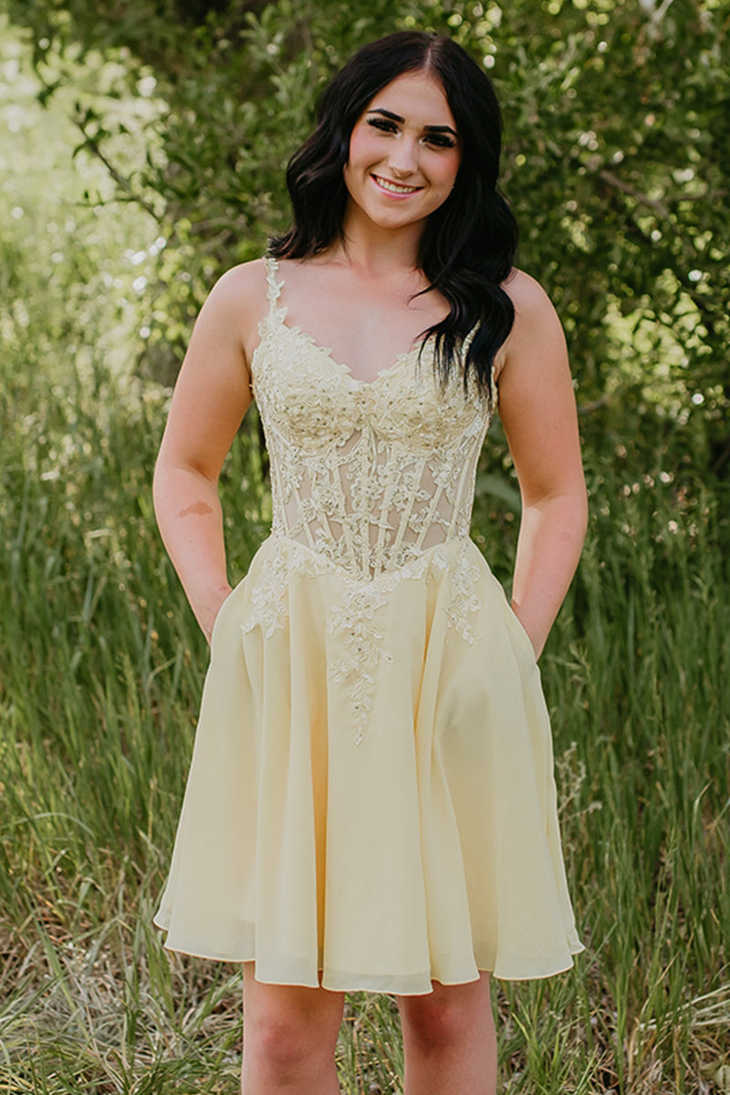 Load image into Gallery viewer, Yellow Corset V-Neck Short Homecoming Dress with Pockets