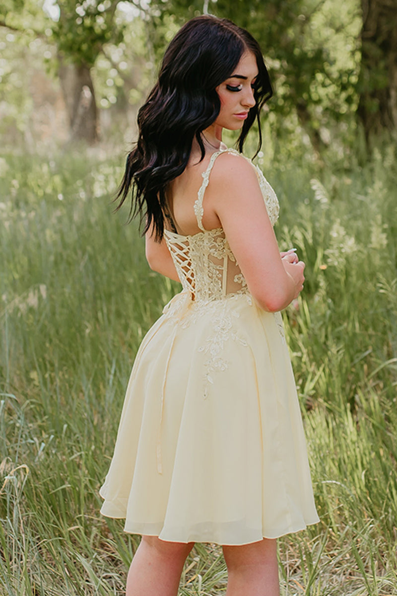 Load image into Gallery viewer, Yellow Corset V-Neck Short Homecoming Dress with Pockets